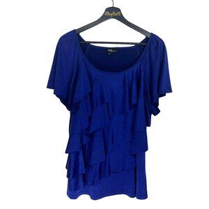 AGB Woman Blue Ruffle Short Sleeve Top Women's 1X